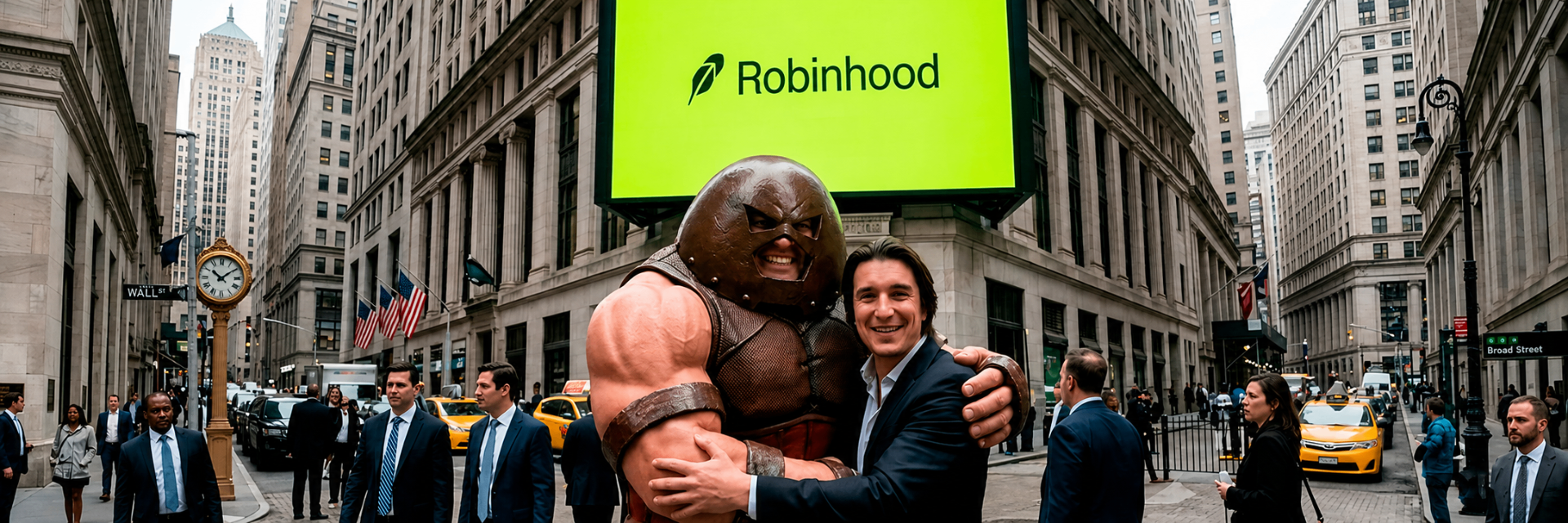 Juggernaut hugging Vlad Tenev on Wall Street under the Robinhood sign